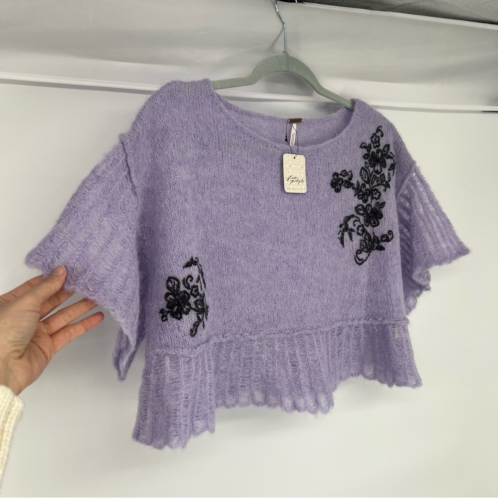 Free People Purple Embroidered Alpaca Blend Cropped Pointelle Knit Sweater S NWT - Picture 3 of 10